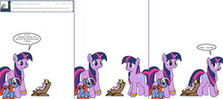 Size: 1808x800 | Tagged: safe, artist:dekomaru, trixie, twilight sparkle, oc, oc:aurora, oc:nebula, pony, tumblr:ask twixie, g4, ask, baby, baby pony, clothes, colt, costume, female, filly, lesbian, magical lesbian spawn, male, nightmare night costume, offspring, parent:trixie, parent:twilight sparkle, parents:twixie, ponysuit, ship:twixie, shipping, tumblr