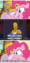 Size: 640x1336 | Tagged: safe, pinkie pie, g4, it isn't the mane thing about you, my little pony: friendship is magic, comic, crowbar, exploitable meme, homer simpson, male, meme, text, the simpsons