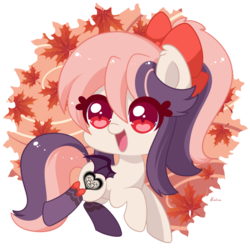 Size: 800x800 | Tagged: safe, artist:exceru-karina, oc, oc only, oc:sweet velvet, bat pony, autumn, bow, hair bow, leaves, simple background, solo, transparent background