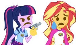 Size: 1024x608 | Tagged: safe, edit, part of a set, sunset shimmer, twilight sparkle, equestria girls, g4, my little pony equestria girls: legend of everfree, angry, at gunpoint, breasts, emoji, emoji ponies, everfree forest, face swap, gun, handgun, meme, part of a series, pistol, sad, shitposting, simple background, threatening, transparent background, weapon