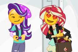 Size: 1009x682 | Tagged: safe, edit, edited screencap, part of a set, screencap, starlight glimmer, sunset shimmer, human, equestria girls, equestria girls specials, g4, mirror magic, beanie, clothes, duo, emoji, emoji ponies, female, funny, hat, heart, heart eyes, implied lesbian, lesbian, looking at each other, looking at someone, meme, part of a series, ship:shimmerglimmer, shipping, shitposting, smiling, thumbs up, torn clothes, wingding eyes, 👌, 👍, 😍, 😏