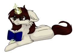 Size: 424x306 | Tagged: safe, artist:czywko, oc, oc only, oc:pip, pony, unicorn, book, digital art, female, glowing horn, horn, lying down, magic, mare, pagedoll, pixel art, prone, reading, request, simple background, solo, telekinesis, transparent background