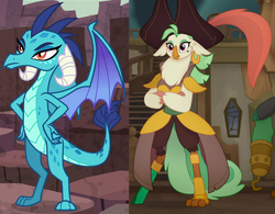 Size: 1184x922 | Tagged: safe, screencap, captain celaeno, princess ember, dragon, anthro, digitigrade anthro, g4, my little pony: the movie, amputee, cropped, crossed arms, dragoness, ear piercing, earring, female, hat, jewelry, peg leg, piercing, prosthetic leg, prosthetic limb, prosthetics