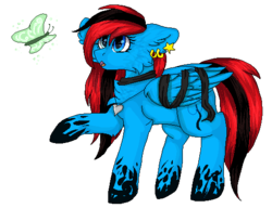 Size: 521x400 | Tagged: safe, artist:czywko, oc, oc only, oc:liluck, butterfly, pegasus, pony, blue eyes, ear piercing, earring, female, jewelry, mare, necklace, open mouth, piercing, pixel art, request, simple background, solo, transparent background