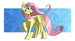 Size: 1635x906 | Tagged: safe, artist:akweer, fluttershy, pegasus, pony, g4, abstract background, female, looking up, mare, open mouth, raised hoof, smiling, solo, spread wings, standing, turned head, windswept mane, wings