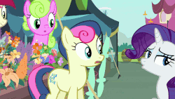 Size: 960x540 | Tagged: safe, screencap, bon bon, daisy, flower wishes, lily, lily valley, rarity, roseluck, sweetie drops, earth pony, pony, unicorn, g4, it isn't the mane thing about you, :o, amused, animated, background pony, bon bon is amused, boop, boop bon, cute, female, flower, flower trio, frown, gif, grin, lidded eyes, mare, nose wrinkle, open mouth, smiling, talking, wide eyes