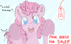 Size: 3200x2000 | Tagged: safe, artist:periodicbrony, pinkie pie, earth pony, pony, g4, against glass, bronybait, descriptive noise, excited, female, for sale, glass, happy, high res, horse noises, ponies for sale, solo