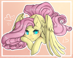 Size: 2016x1600 | Tagged: safe, artist:littlesugarcute, fluttershy, pegasus, pony, g4, female, heart, looking at you, no pupils, prone, solo, wings