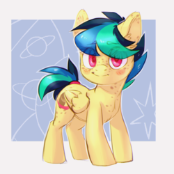 Size: 1000x1000 | Tagged: safe, artist:ls_skylight, oc, oc only, oc:apogee, pegasus, pony, blushing, colored pupils, cute, cutie mark, eye clipping through hair, eyebrows, eyebrows visible through hair, female, filly, freckles, looking at you, ocbetes, smiling, solo