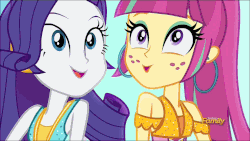 Size: 1920x1080 | Tagged: safe, screencap, rarity, sour sweet, human, equestria girls, equestria girls specials, g4, my little pony equestria girls: dance magic, animated, cute, discovery family logo, duo, duo female, ear piercing, earring, female, freckles, gif, hooped earrings, invisible stallion, jewelry, piercing, raribetes, singing, sourbetes