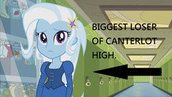 Size: 1280x720 | Tagged: safe, edit, edited screencap, screencap, trixie, equestria girls, g4, female, looking at you, op is a duck, sad, solo, worst human, worst pony