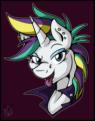 Size: 1687x2145 | Tagged: safe, artist:stormblaze-pegasus, rarity, pony, unicorn, g4, it isn't the mane thing about you, alternate hairstyle, clothes, ear piercing, female, mare, open mouth, piercing, raripunk, short hair, simple background, smiling, solo, tongue out