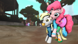 Size: 3840x2160 | Tagged: safe, artist:nightblader, derpy hooves, fluttershy, pinkie pie, rainbow dash, rarity, twilight sparkle, pony, g4, 3d, clothes, cupcake, equestria girls outfit, food, high res, mouth hold, muffin, pinkie pie riding derpy, ponies riding ponies, riding, source filmmaker