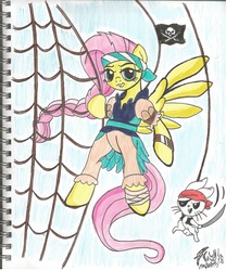 Size: 1952x2344 | Tagged: safe, artist:radiancebreaker, angel bunny, fluttershy, pony, g4, alternate hairstyle, bandana, bloomers, braid, eyepatch, headband, looking at you, pirate fluttershy, pirate outfit, puffy sleeves, skull and crossbones, smug, spread wings, swinging, traditional art, wings