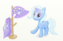 Size: 338x222 | Tagged: safe, artist:jess, trixie, pony, unicorn, g4, cape, clothes, colored pencil drawing, female, glowing horn, hat, horn, magic, mare, simple background, solo, telekinesis, traditional art, white background