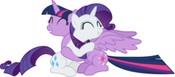 Size: 6738x3001 | Tagged: safe, artist:cloudy glow, rarity, twilight sparkle, alicorn, pony, unicorn, fame and misfortune, g4, absurd resolution, eyes closed, female, hug, mare, simple background, transparent background, twilight sparkle (alicorn), vector