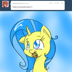 Size: 900x900 | Tagged: safe, artist:lumosnox934, lemony gem, pony, unicorn, g4, ask, cookie, food, mouth hold, solo, tumblr