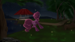 Size: 1920x1080 | Tagged: safe, artist:skyresonance, pinkie pie, firefly (insect), pony, g4, female, lake, night, solo, tree