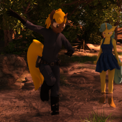 Size: 1500x1500 | Tagged: safe, artist:tahublade7, lemon hearts, oc, oc:golden gear, unicorn, anthro, g4, 3d, angry, boots, clothes, creek, dress, female, jumpsuit, mare, overalls, shoes, story included, tree, water