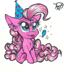 Size: 1024x1147 | Tagged: safe, artist:tillie-tmb, pinkie pie, earth pony, pony, g4, chibi, female, hat, party hat, sitting, solo, tongue out, traditional art