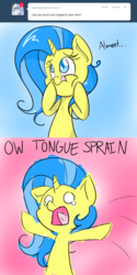 Size: 900x1800 | Tagged: safe, artist:lumosnox934, lemony gem, pony, unicorn, g4, ask, comic, crying, solo, tongue out, tumblr