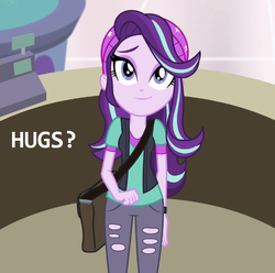 Size: 728x722 | Tagged: safe, edit, edited screencap, screencap, starlight glimmer, equestria girls, equestria girls specials, g4, my little pony equestria girls: mirror magic, beanie, bronybait, cute, female, glimmerbetes, hat, hug request, hugs?, smiling, solo