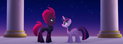 Size: 1280x465 | Tagged: safe, tempest shadow, twilight sparkle, alicorn, pony, unicorn, g4, my little pony: the movie, armor, broken horn, concave belly, height difference, horn, night, night sky, physique difference, rainbow (song), sky, slender, tempest shadow is tall, thin, twilight sparkle (alicorn)