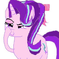 Size: 463x468 | Tagged: safe, starlight glimmer, pony, unicorn, g4, my little pony: friendship is magic, no second prances, 1000 hours in ms paint, boop, bow, exploitable meme, female, glimmerposting, hair bow, lidded eyes, meme, ms paint, raised eyebrow, self-boop, simple background, smiling, smirk, solo, traditional art, white background