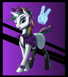 Size: 2425x2745 | Tagged: safe, artist:lightly-san, rarity, pony, unicorn, g4, it isn't the mane thing about you, abstract background, alternate hairstyle, chest fluff, clothes, female, glowing horn, hand, high res, horn, looking at you, magic, magic hands, mare, one eye closed, peace sign, raripunk, short hair, smiling, solo, wink