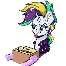 Size: 1024x1024 | Tagged: safe, artist:witchtaunter, rarity, pony, unicorn, g4, it isn't the mane thing about you, alternate hairstyle, box, disgusted, female, hipster, mare, offscreen character, piercing, raripunk, short hair, simple background, tongue out, tongue piercing, white background