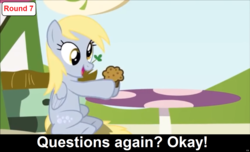 Size: 1600x973 | Tagged: safe, derpy hooves, pegasus, pony, comic:celestia's servant interview, g4, caption, cs captions, female, food, holding, interview, mare, muffin, sitting, smiling, table