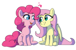 Size: 1500x1000 | Tagged: safe, artist:tralalayla, fluttershy, pinkie pie, pony, g4, beanbrows, eyebrows, female, heart, lesbian, looking at each other, ship:flutterpie, shipping, simple background, sitting, smiling, tongue out, transparent background