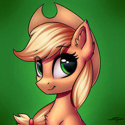 Size: 3000x3000 | Tagged: safe, artist:setharu, applejack, earth pony, pony, :t, applejack's hat, bust, chest fluff, cowboy hat, cute, ear fluff, eye reflection, female, gradient background, hat, jackabetes, looking away, mare, portrait, reflection, signature, smiling, solo, stetson