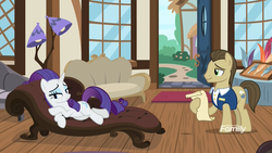 Size: 1920x1080 | Tagged: safe, screencap, davenport, rarity, earth pony, pony, unicorn, g4, it isn't the mane thing about you, background pony, couch, discovery family logo, draw me like one of your french girls, fainting couch, female, hoof hold, lamp, lidded eyes, male, mare, quill, quills and sofas, rarity being rarity, scroll, stallion, titanic