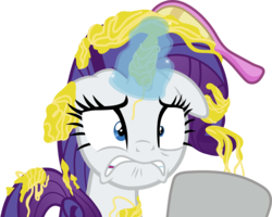 Size: 3377x2697 | Tagged: safe, artist:frownfactory, rarity, pony, unicorn, g4, it isn't the mane thing about you, .svg available, brush, distressed, faic, female, floppy ears, food, high res, horn, magic, mare, messy, messy mane, mirror, pasta, silly string, simple background, solo, spaghetti, svg, transparent background, vector