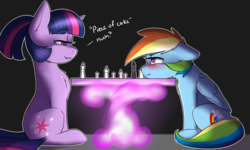 Size: 2000x1200 | Tagged: safe, artist:captainpudgemuffin, edit, rainbow dash, twilight sparkle, pegasus, pony, unicorn, g4, adventure in the comments, alternate hairstyle, blushing, chess, eye contact, female, looking at each other, mare, sitting, smuglight sparkle, unicorn twilight, wingless, wingless edit