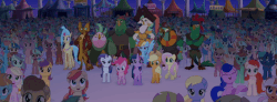 Size: 960x352 | Tagged: safe, screencap, applejack, boyle, capper dapperpaws, captain celaeno, dawn sunrays, fluttershy, lix spittle, mullet (g4), pinkie pie, princess skystar, rainbow dash, rarity, squabble, twilight sparkle, alicorn, cat, classical hippogriff, hippogriff, parrot, parrot pirates, pony, anthro, g4, my little pony: the movie, animated, anthro with ponies, background pony, background pony audience, cheering, chest fluff, crowd, gif, happy, hoofy-kicks, mane six, pinkie being pinkie, pirate, pronking, rainbow (song), raised hoof, rearing, twilight sparkle (alicorn), unnamed character, unnamed pony
