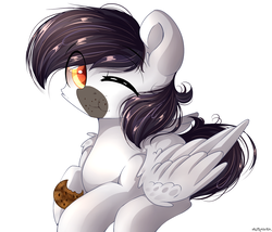 Size: 1400x1200 | Tagged: safe, artist:mitralexa, oc, oc only, oc:nightmare crystal, pegasus, pony, cookie, eating, eyebrows, food, hoof hold, one eye closed, prone, signature, simple background, smiling