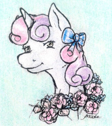 Size: 1456x1636 | Tagged: safe, artist:azkre, sweetie belle, pony, unicorn, g4, bow, female, flower, hair bow, smiling, solo, traditional art