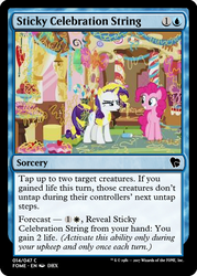 Size: 375x523 | Tagged: safe, pinkie pie, rarity, g4, it isn't the mane thing about you, my little pony: friendship is magic, magic the gathering, silly string, sugarcube corner, trading card, trading card edit