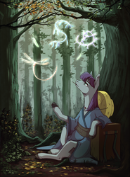 Size: 1000x1348 | Tagged: safe, artist:28gooddays, boulder (g4), maud pie, earth pony, pony, g4, cigarette, clothes, crossover, female, forest, hat, kimono (clothing), mushishi, smoking, solo, unshorn fetlocks