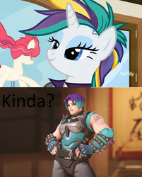 Size: 695x863 | Tagged: safe, screencap, rarity, human, pony, unicorn, g4, it isn't the mane thing about you, alternate hairstyle, discovery family logo, female, mare, mohawk, overwatch, punk, raripunk, text, zarya