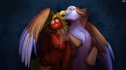 Size: 1600x889 | Tagged: safe, artist:dragonfoxgirl, oc, oc only, griffon, pegasus, pony, chest fluff, colored wings, colored wingtips, cute, floppy ears, fluffy, grass, grin, hug, interspecies, leg fluff, lidded eyes, looking up, night, oc x oc, on back, open mouth, shipping, smiling, snuggling, spread wings, stargazing, watermark, winghug, wings