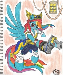 Size: 1960x2312 | Tagged: safe, artist:radiancebreaker, rainbow dash, pegasus, pony, g4, my little pony: the movie, bandage, female, gun, handgun, hooves, mare, mechanical hands, pirate rainbow dash, revolver, rope, solo, spread wings, teeth, traditional art, weapon, wings