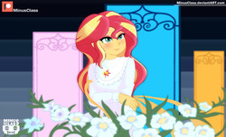 Size: 2470x1500 | Tagged: safe, artist:minusclass, sunset shimmer, equestria girls, g4, clothes, dress, female, floppy ears, patreon, patreon logo, smiling, solo