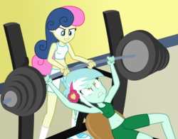Size: 1024x801 | Tagged: safe, artist:mlp-trailgrazer, bon bon, lyra heartstrings, sweetie drops, equestria girls, g4, armpits, belly button, bench press, clothes, commission, duo, female, gritted teeth, gym, gym uniform, midriff, shorts, sports bra, sports shorts, strong, super strength, weight lifting, workout