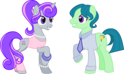 Size: 1953x1171 | Tagged: safe, artist:jitterbases, oc, oc only, oc:calm waters, oc:lilac waters, pony, unicorn, clothes, female, male, mare, simple background, stallion, transparent background