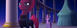 Size: 2001x728 | Tagged: safe, screencap, tempest shadow, twilight sparkle, alicorn, pony, g4, my little pony: the movie, broken horn, canterlot, horn, night, night sky, pillar, sky, tent, twilight sparkle (alicorn)