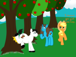 Size: 1024x770 | Tagged: safe, artist:vcm1824, applejack, oc, oc:chrissy, oc:pony po, earth pony, pony, unicorn, g4, apple tree, broken leg, female, male, mare, stallion, tree
