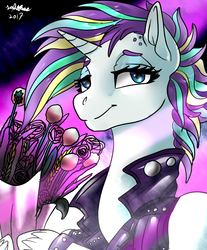 Size: 1080x1306 | Tagged: safe, artist:brainiac, rarity, pony, unicorn, g4, it isn't the mane thing about you, alternate hairstyle, bouquet, bracelet, clothes, female, flower, jewelry, mare, punk, punk rock, raripunk, solo